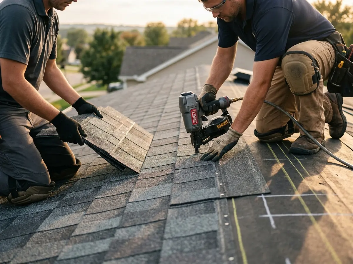 Professional roofer working on a residential roof in Haysville